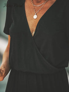 Women V-neck Short Sleeve Jumpsuit