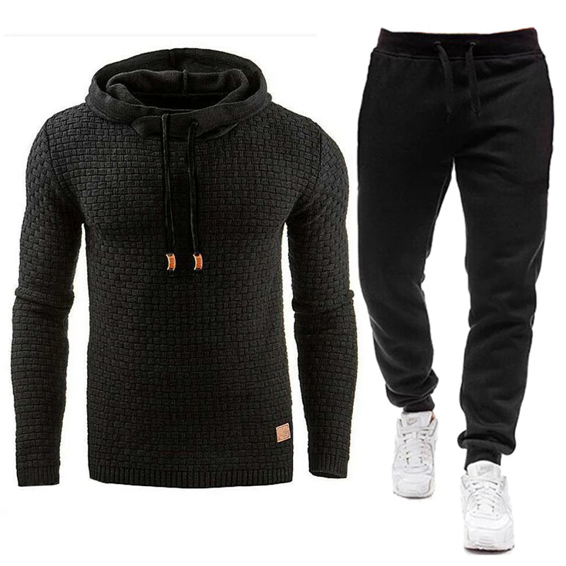 Men Tracksuit Fleece Two Piece Hooded Pullover Set