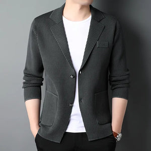 Top Grade New Brand Fashion Slim Fit Blazer Jacket Smart Elegant Stylish Knitted Suit Striped Men Coat Casual Mens Clothes 2023