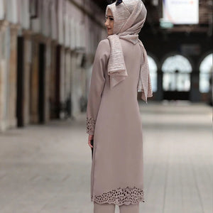 Muslim Dress Women Long Top Hollow Solid Islamic Clothing Hijab Dresses