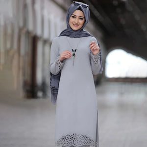 Muslim Dress Women Long Top Hollow Solid Islamic Clothing Hijab Dresses
