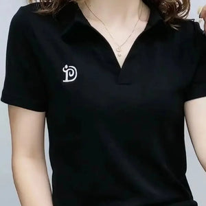 Women Short Sleeve New Summer V-neck Letter Pullover Knitted Tees