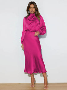 Spring Summer New High-End Satin Long Sleeved Dress