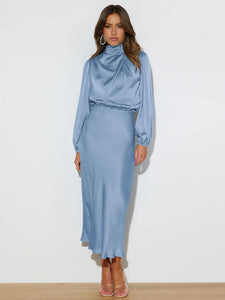 Spring Summer New High-End Satin Long Sleeved Dress
