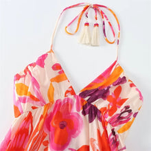 Load image into Gallery viewer, Women&#39;s Hanging Neck Collar Tassel Lacing Print Long Dress