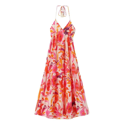 Women's Hanging Neck Collar Tassel Lacing Print Long Dress