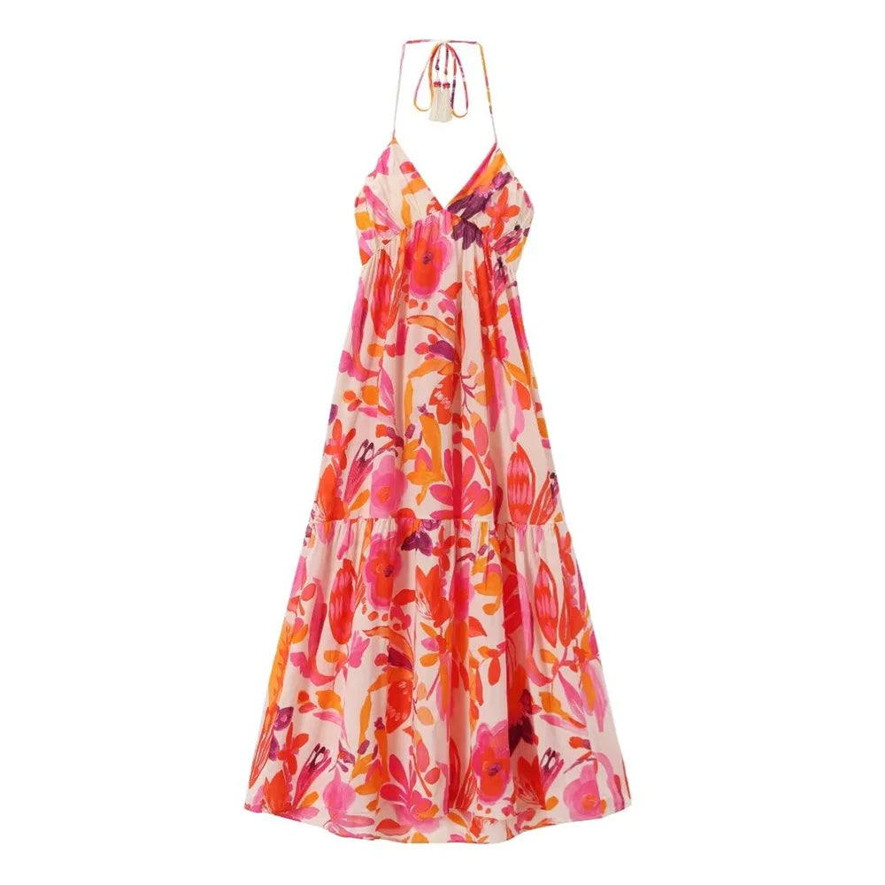 Women's Hanging Neck Collar Tassel Lacing Print Long Dress