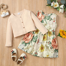 Load image into Gallery viewer, Girl Floral Print Sleeveless Dress and Button Design Long-sleeve Cardigan Set