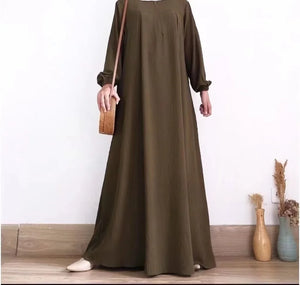 Solid Stretch Cuff Women Dress Zip-up Abayas