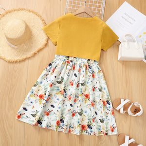Girl Floral Print Bowknot Design Sleeveless Dress and Cardigan Set
