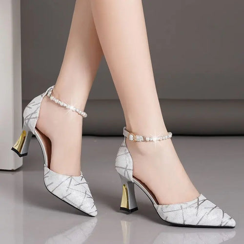 Women's High Heels Pointed Toe Sandals  Luxury 2024 Womens Shallow Shoes Casual Elegant Luxury Pearl Buckle Strap