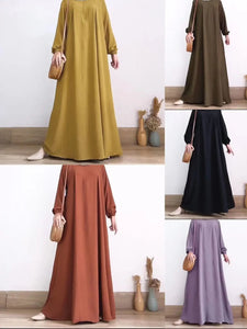 Solid Stretch Cuff Women Dress Zip-up Abayas
