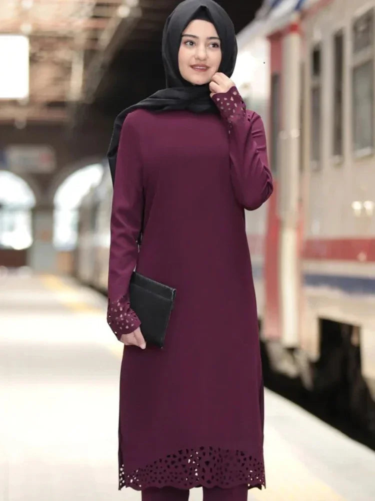 Muslim Dress Women Long Top Hollow Solid Islamic Clothing Hijab Dresses