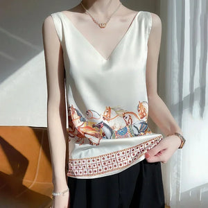 Niche Design Western-style Silk Camisole Women's V-neck Floral Print Tops
