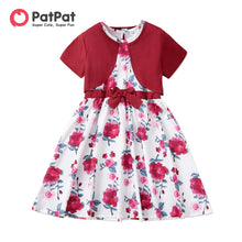 Load image into Gallery viewer, Girl Floral Print Bowknot Design Sleeveless Dress and Cardigan Set
