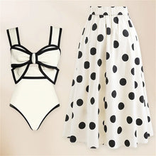 Load image into Gallery viewer, 2025 Black White Retro One Piece Swimsuit Women Bow Tie Swimwear with Skirt Sexy Bathing Suit Monokini Beach Bodysuit Beach Wear