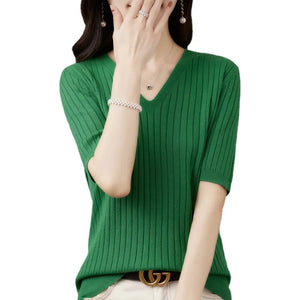Women Short Sleeve V-neck Sweater
