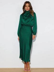 Spring Summer New High-End Satin Long Sleeved Dress