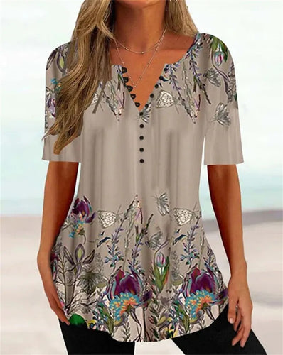Women Elegant Plant Flowers Print Loose Tees