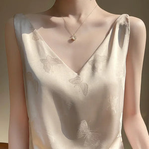 Niche Design Western-style Silk Camisole Women's V-neck Floral Print Tops