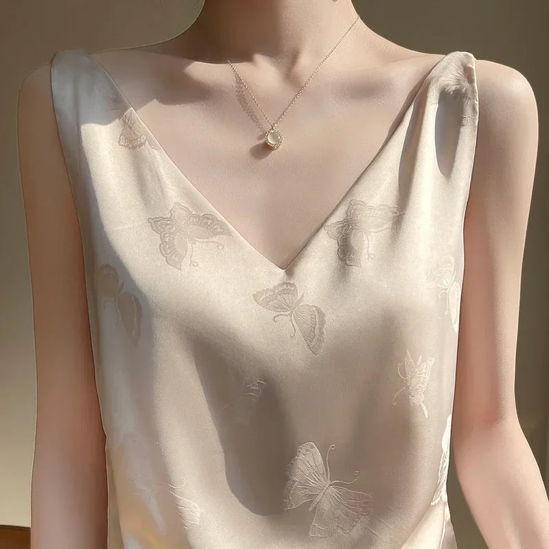 Niche Design Western-style Silk Camisole Women's V-neck Floral Print Tops