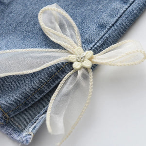 Girls Elegant Bow Denim Pants Sweet Bowknot Stretch Trousers