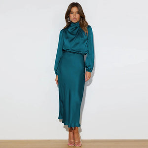Spring Summer New High-End Satin Long Sleeved Dress