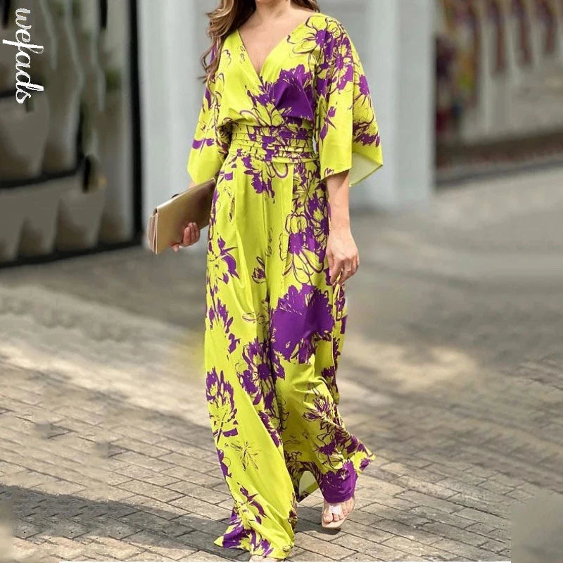 Women Jumpsuit Casual Printed Short Bat Sleeve V Neck