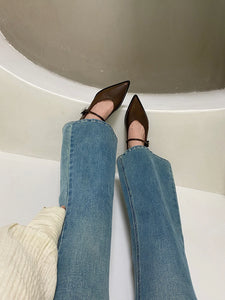 Pointed Toe Women Loafers Black Brown White Casual Mules Shoes Belt Buckle Shallow Slip On Low Flat Heeled Party Pumps Size 40