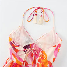 Load image into Gallery viewer, Women&#39;s Hanging Neck Collar Tassel Lacing Print Long Dress