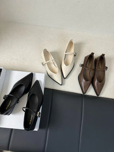 Pointed Toe Women Loafers Black Brown White Casual Mules Shoes Belt Buckle Shallow Slip On Low Flat Heeled Party Pumps Size 40