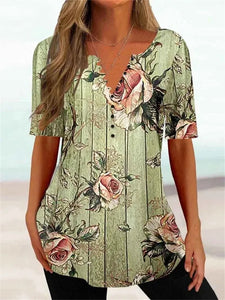 Women Elegant Plant Flowers Print Loose Tees