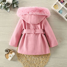 Load image into Gallery viewer, Girls Wool Collar Hooded Woolen Coat Children&#39;s Cute Solid Belt Bow Fleece Coat