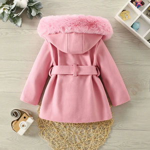 Girls Wool Collar Hooded Woolen Coat Children's Cute Solid Belt Bow Fleece Coat