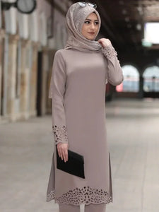 Muslim Dress Women Long Top Hollow Solid Islamic Clothing Hijab Dresses