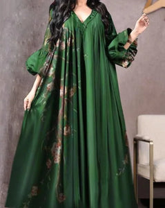 Vintage Printed Dress Women Breathable Loose Middle Eastern Robe