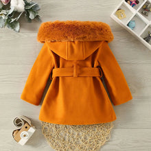 Load image into Gallery viewer, Girls Wool Collar Hooded Woolen Coat Children&#39;s Cute Solid Belt Bow Fleece Coat