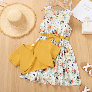 Girl Floral Print Bowknot Design Sleeveless Dress and Cardigan Set