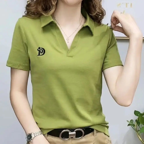 Women Short Sleeve New Summer V-neck Letter Pullover Knitted Tees
