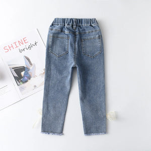 Girls Elegant Bow Denim Pants Sweet Bowknot Stretch Trousers