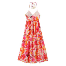 Load image into Gallery viewer, Women&#39;s Hanging Neck Collar Tassel Lacing Print Long Dress