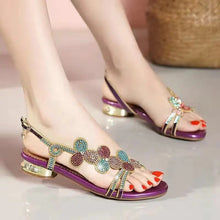 Load image into Gallery viewer, Women Leather Rhinestone Low Heel Sandals