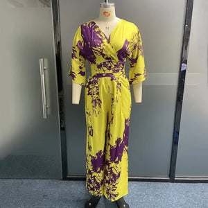 Women Jumpsuit Casual Printed Short Bat Sleeve V Neck