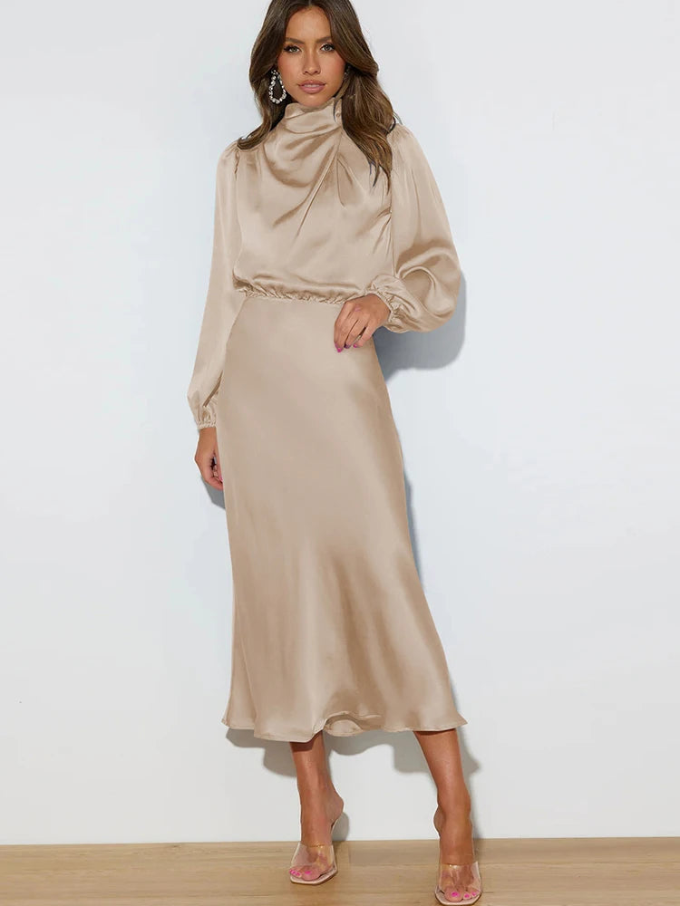 Spring Summer New High-End Satin Long Sleeved Dress