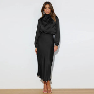 Spring Summer New High-End Satin Long Sleeved Dress