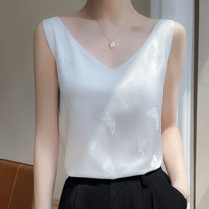 Niche Design Western-style Silk Camisole Women's V-neck Floral Print Tops