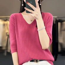 Load image into Gallery viewer, Women Short Sleeve V-neck Sweater