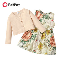 Load image into Gallery viewer, Girl Floral Print Sleeveless Dress and Button Design Long-sleeve Cardigan Set