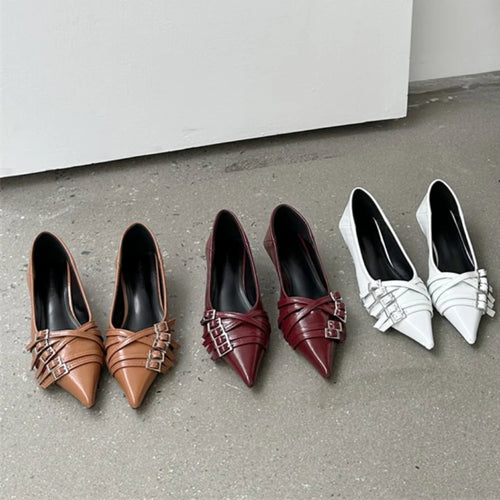 New Women's Ballet Flats Pointed Toe Boat Shoes 5 Buckles Designer Shoes for Female Slip on Flat Shoes Spring Autumn