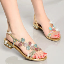 Load image into Gallery viewer, Women Leather Rhinestone Low Heel Sandals
